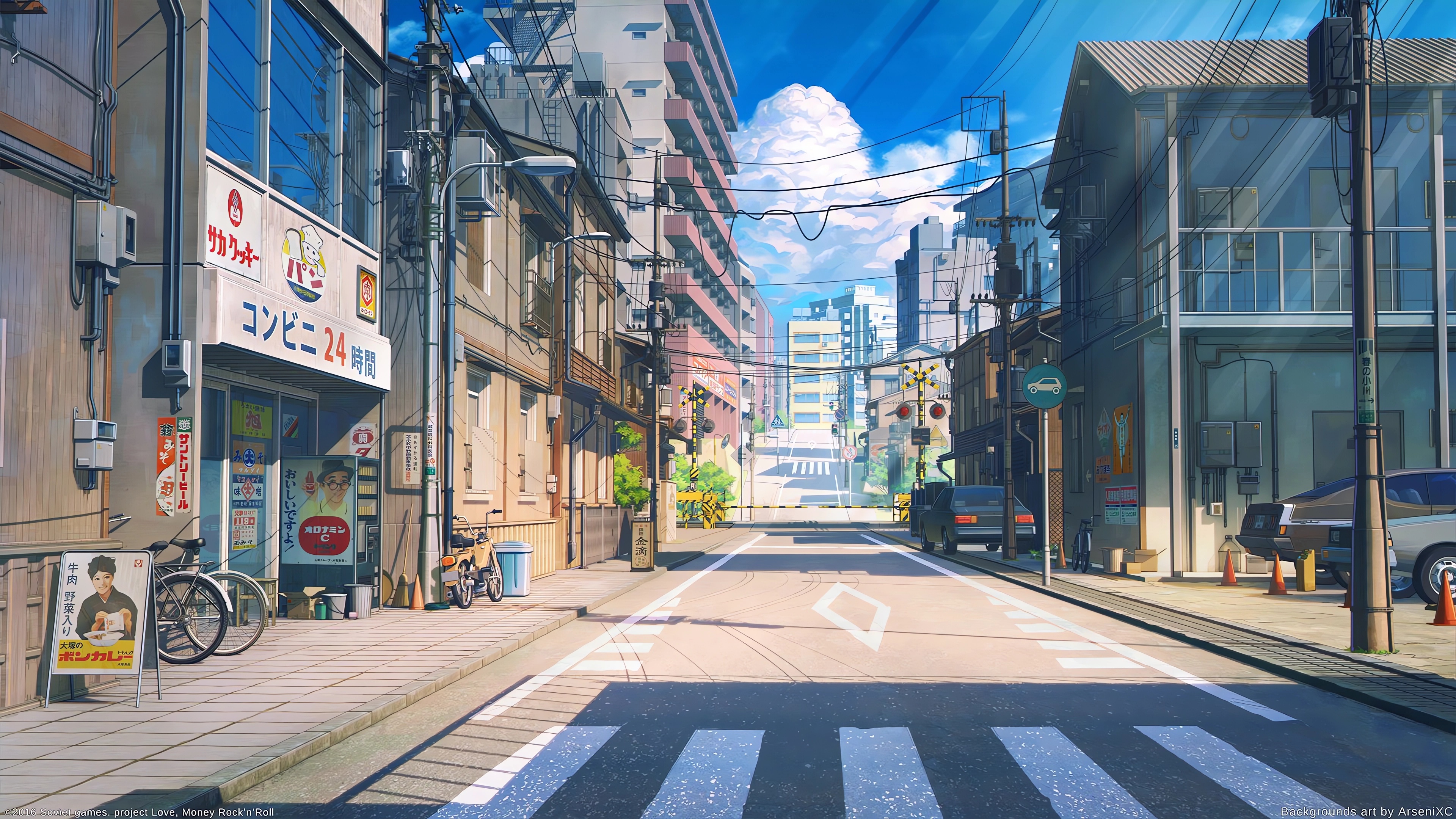 商店街、自行车、摩托车 图片素材