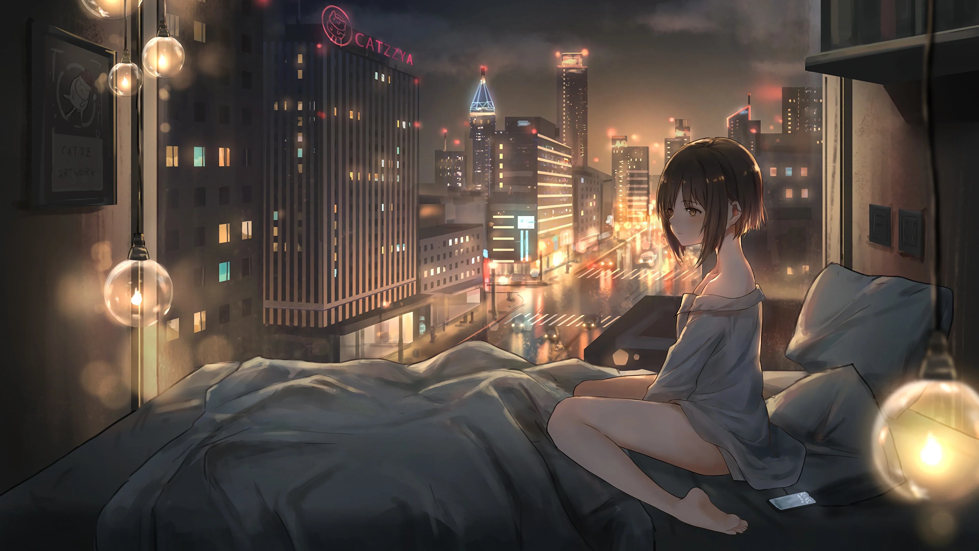 都市夜景、室内、蓝色连衣裙 图片素材