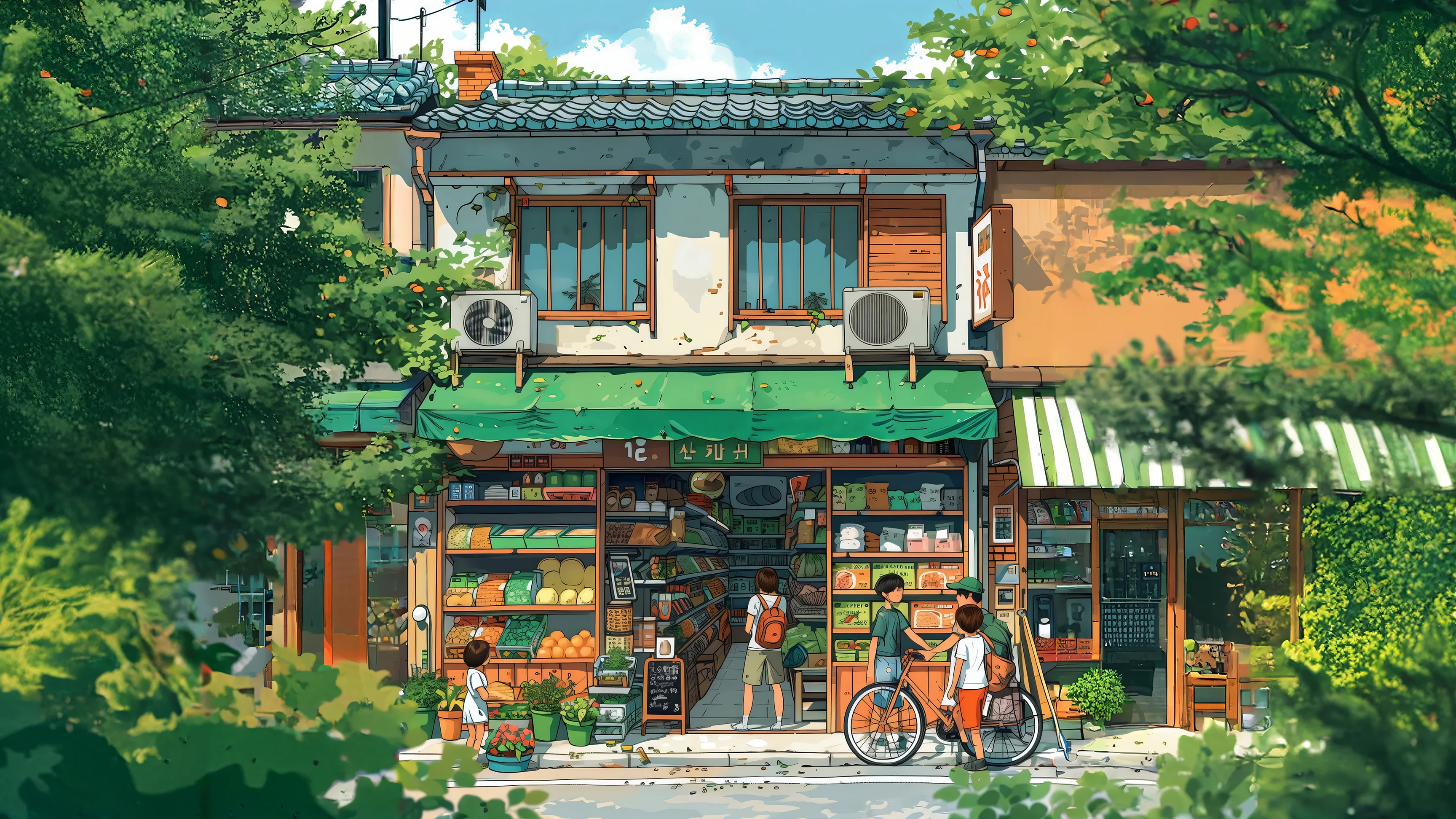 商店街、绿树成荫、骑行 图片素材