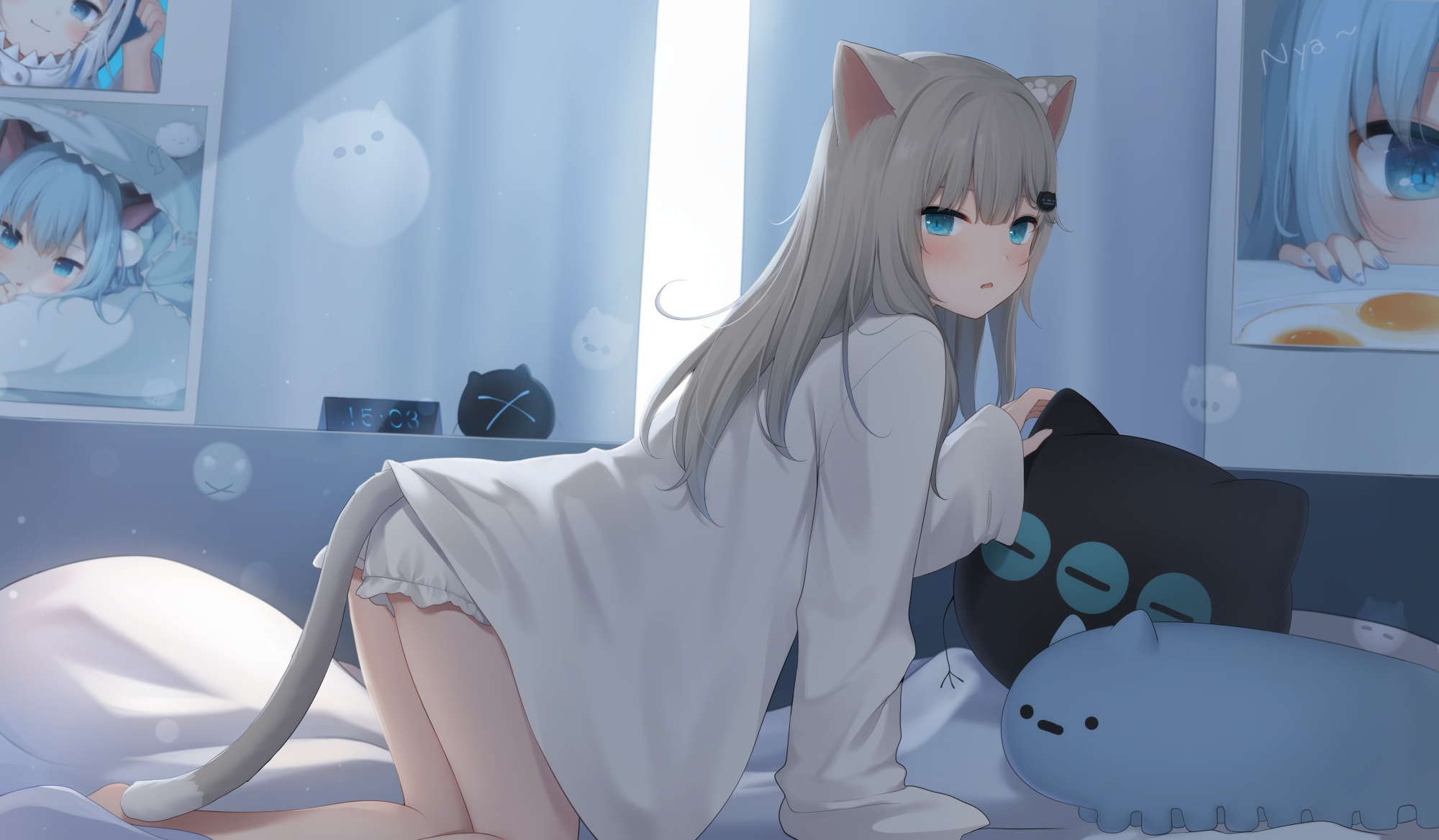 角色类粉色睡衣、特征类猫耳娘、特征类灰色头发 图片素材