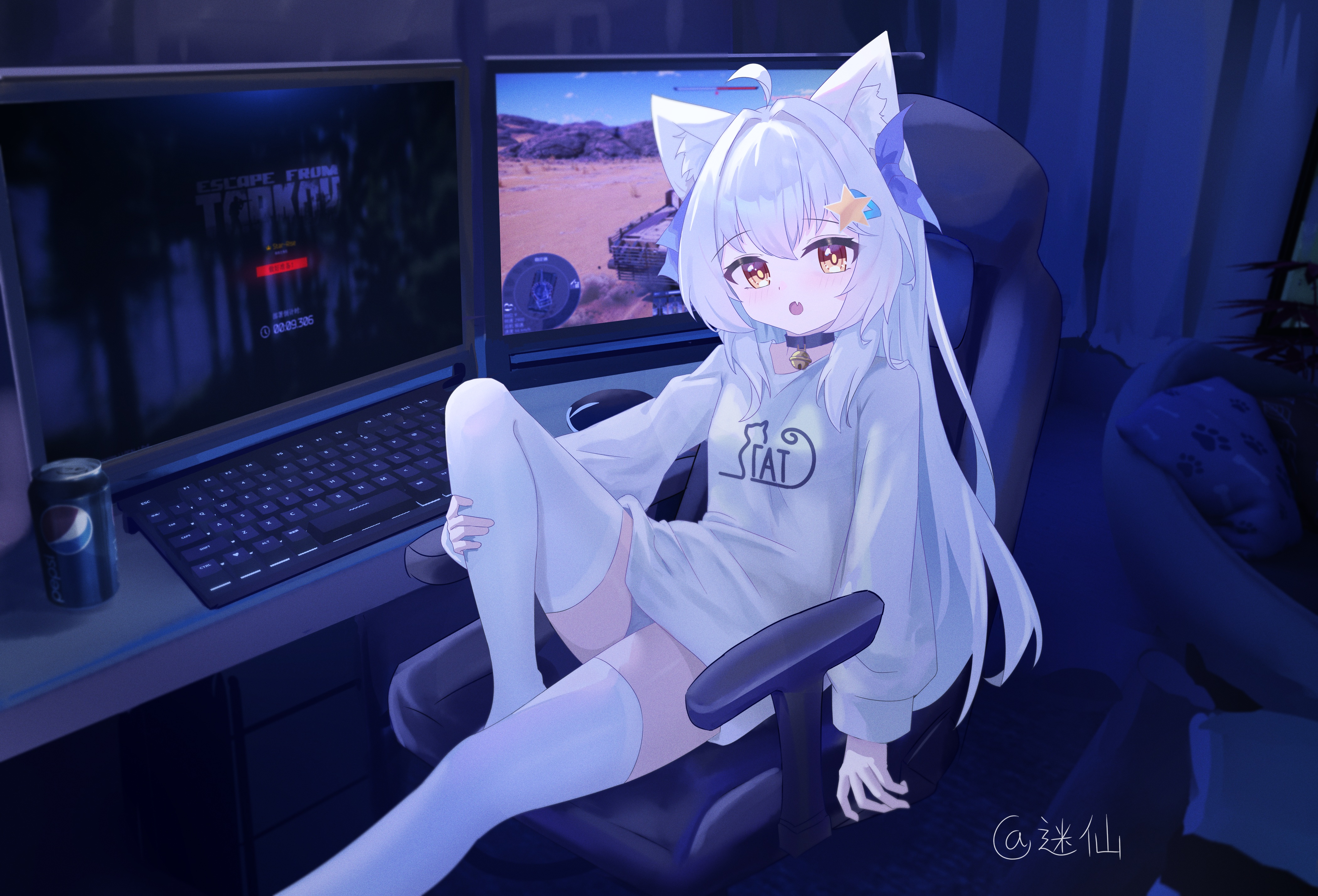 白发、猫耳、白色上衣 图片素材
