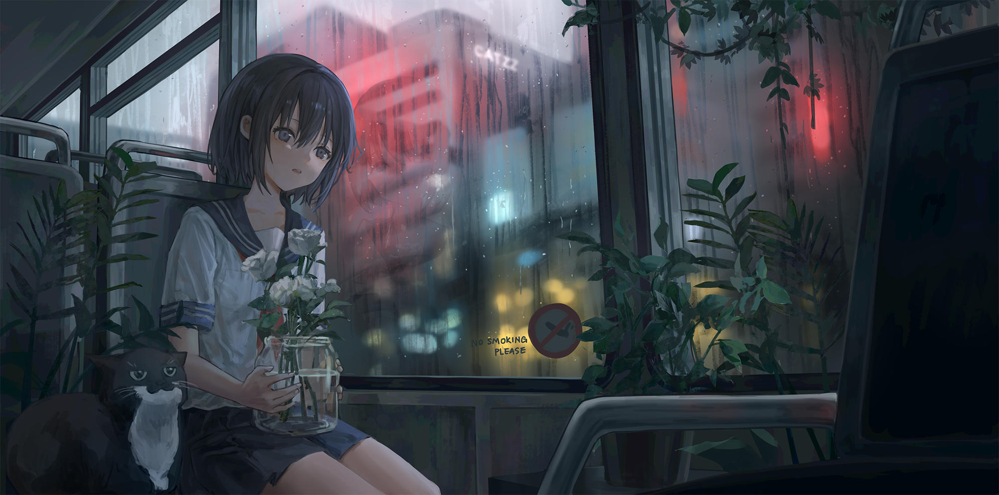 猫耳娘、透明雨伞、都市夜景 图片素材