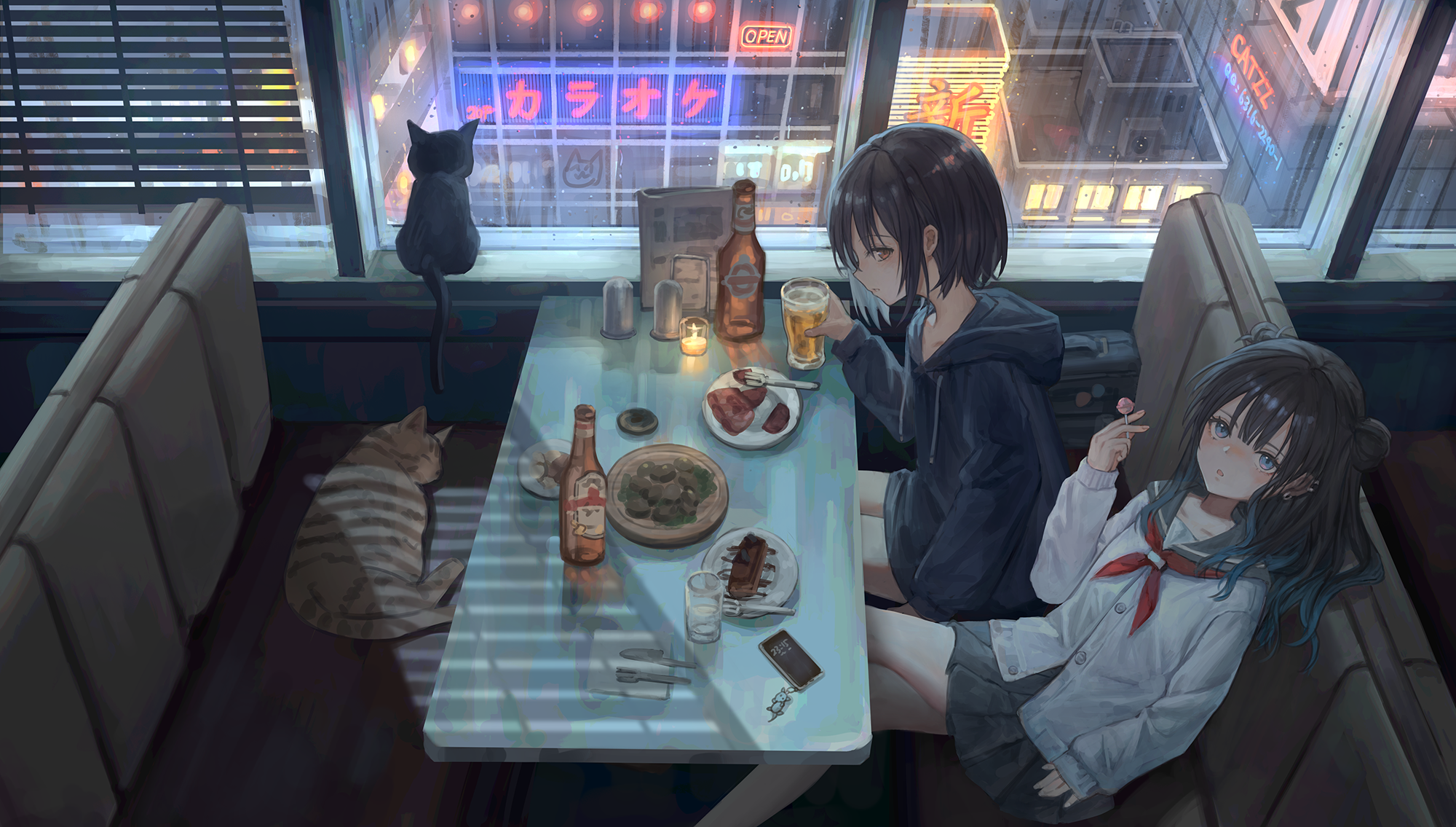 Cafe、猫耳娘、粉色领结 图片素材