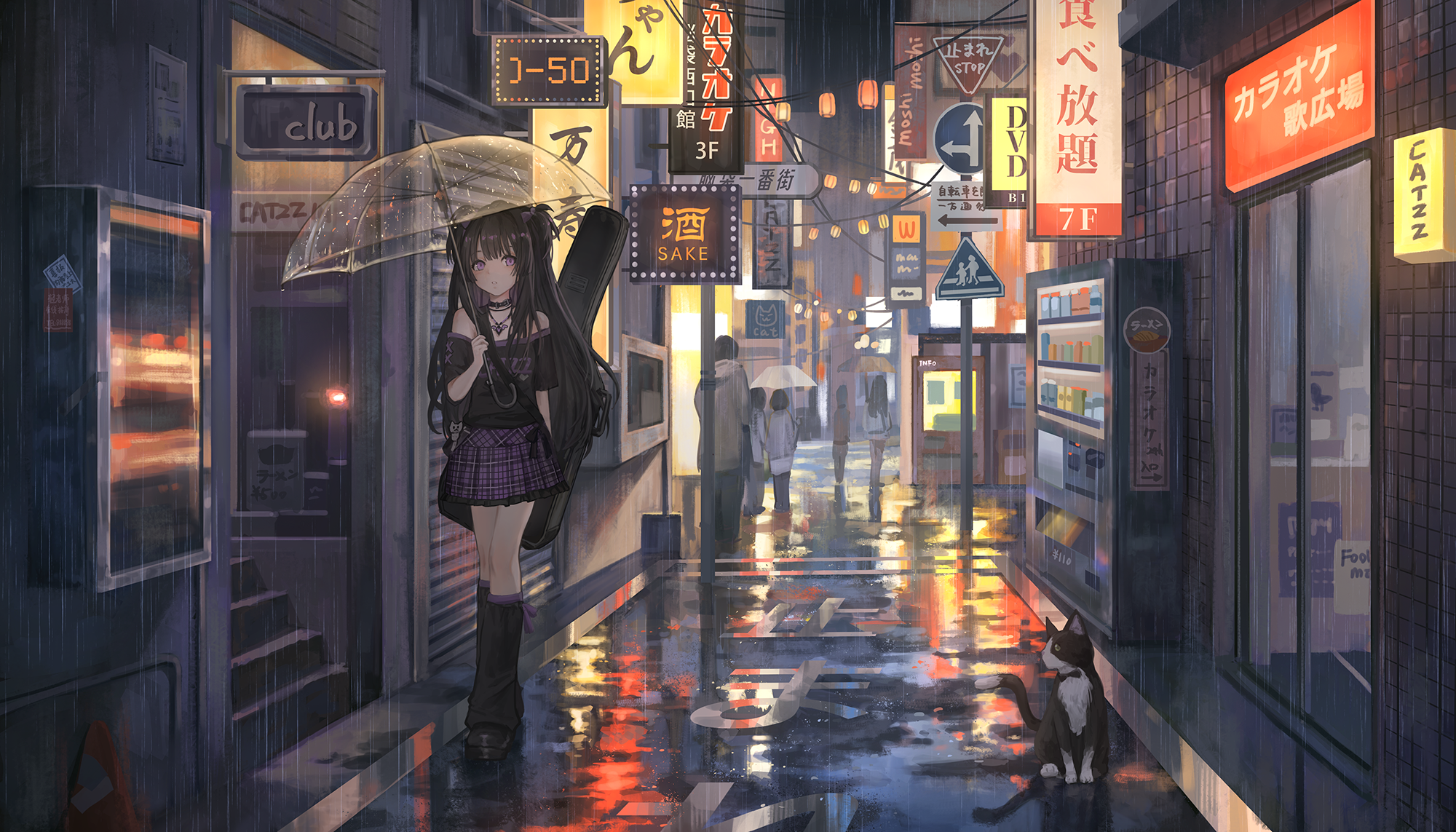 透明雨伞、猫耳娘、都市夜景 图片素材